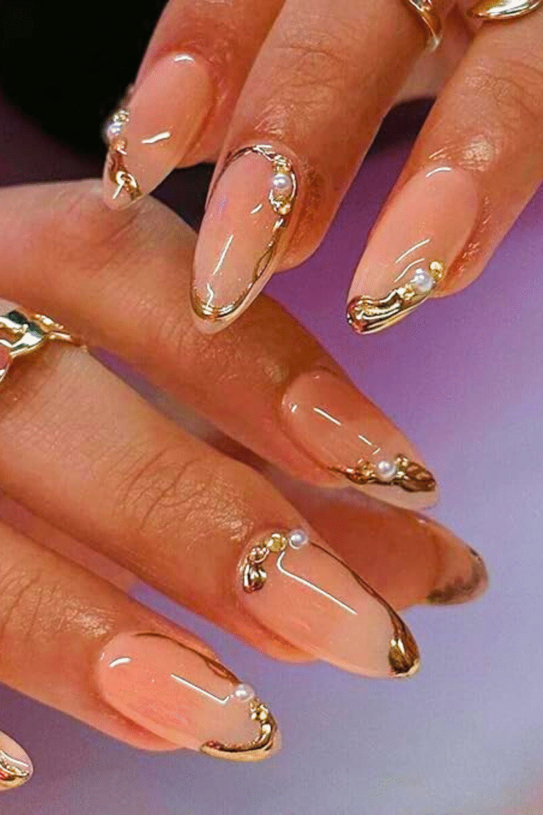 Press on Nails Almond Fake Nails French Tip False Nails with Gold Line Design Glue on Nails Press ons Medium Acrylic Nails Glossy Full Cover Stick on Nails for Women Manicure 24Pcs