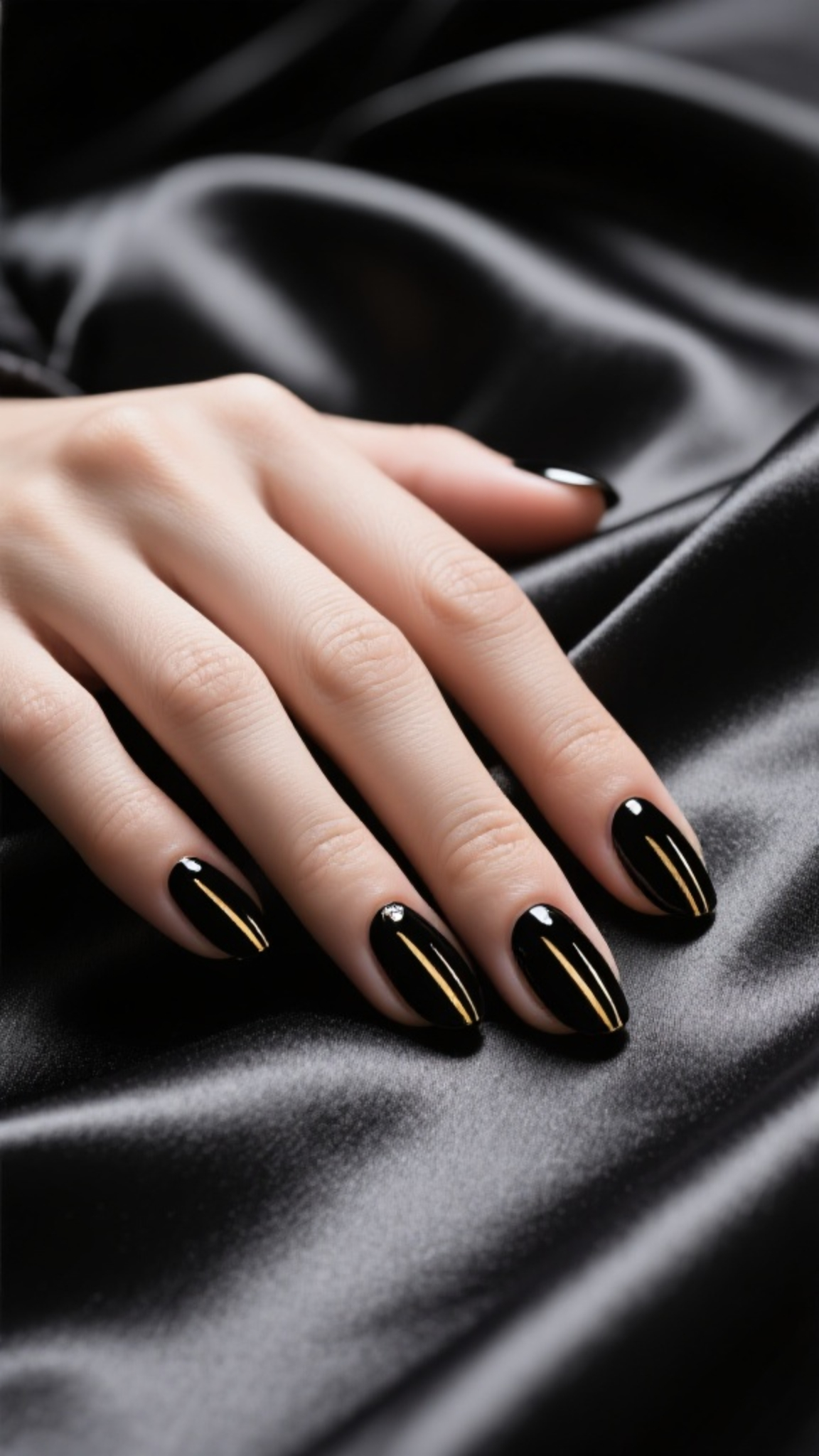 Glossy black almond nails with gold detailing, elegant and classy black nail design.