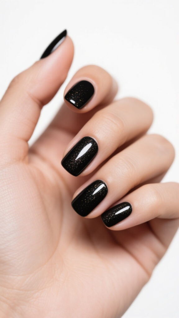 Short black nails with subtle shimmer, perfect for everyday wear and simple nail styling.