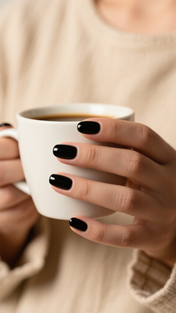 Solid glossy black nails, minimalist black nail design for a timeless look.