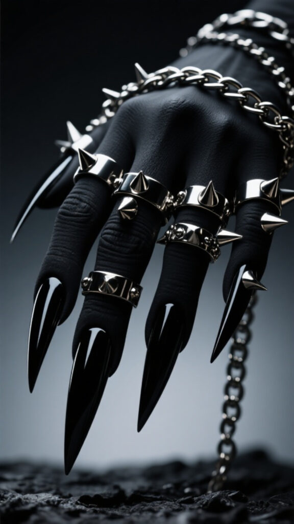 Matte black stiletto nails with metallic studs and chains, edgy black nail design for bold style.
