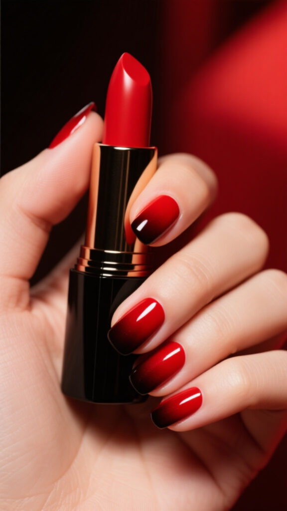 Ombre nails fading from red to black, romantic and dramatic red and black nail design
